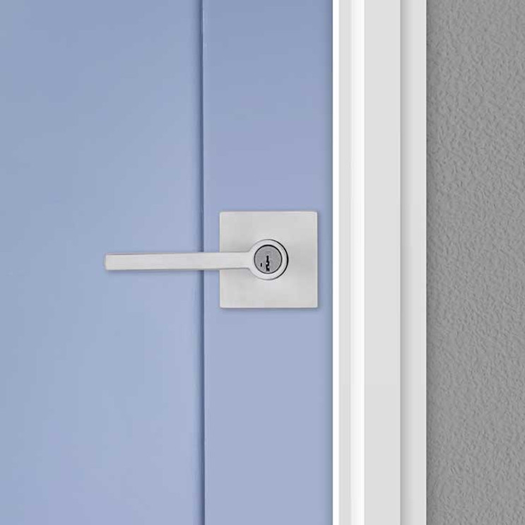 Kwikset Halifax Keyed Entry Lever Smartkey, Square Rose With 6-Way Adjustable Latch And Round Corner Strike, Satin Chrome