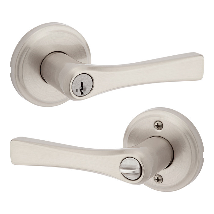 Kwikset Katella Keyed Entry Lever Smartkey With 6-Way Adjustable Latch And Round Corner Strike, Satin Nickel