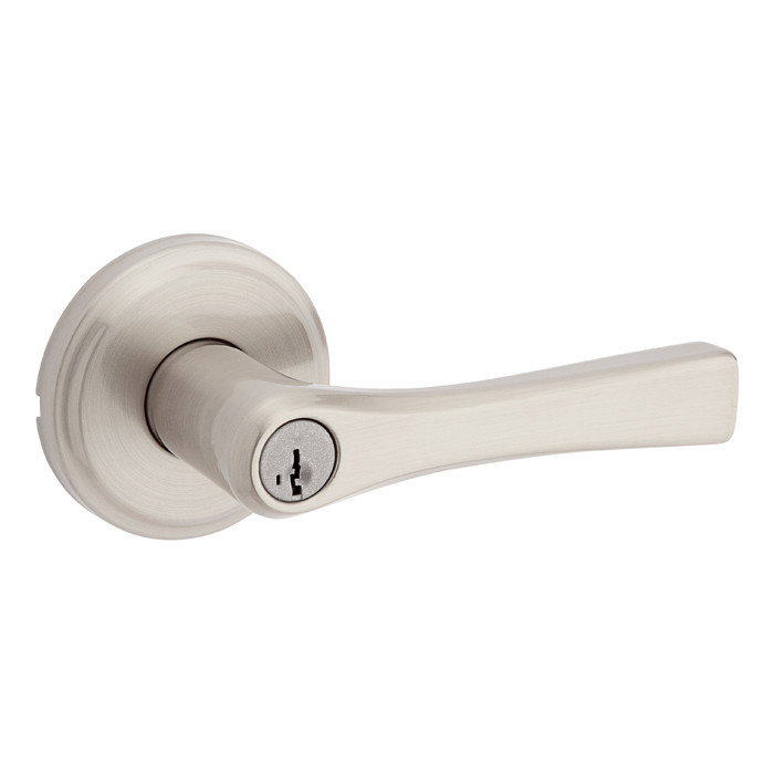 Kwikset Katella Keyed Entry Lever Smartkey With 6-Way Adjustable Latch And Round Corner Strike, Satin Nickel