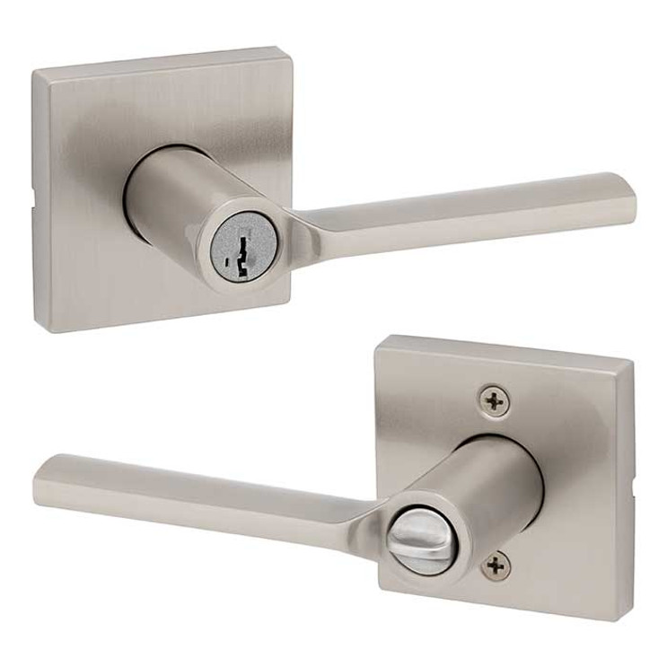 Kwikset Lisbon Keyed Entry Lever Smartkey, Square Rose With 6-Way Adjustable Latch And Round Corner Strike, Satin Nickel