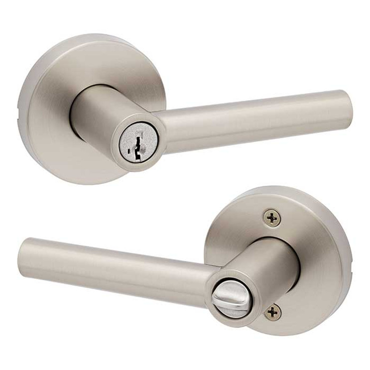 Kwikset Milan Keyed Entry Lever Smartkey, Round Rose With 6-Way Adjustable Latch And Round Corner Strike, Satin Nickel