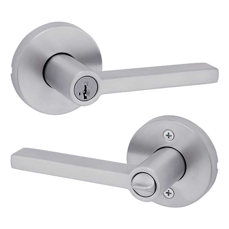 Kwikset Halifax Keyed Entry Lever Smartkey, Round Rose With 6-Way Adjustable Latch And Round Corner Strike, Satin Chrome