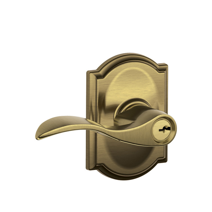 Schlage Residential F51A Accent Keyed Entry Lever Lock With Camelot Trim Function, Antique, Decorative, Satin Brass Blackened