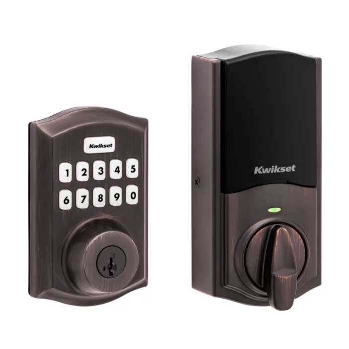 Kwikset Traditional Push Button Electronic Deadbolt Smartkey With Home Connect, Z-Wave Wireless Protocol, Smartkey, Round Corner Adjustable 20 Minute Ul Latch, Round Corner Strike, Venetian Bronze