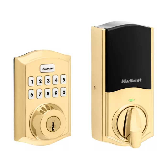 Kwikset Traditional Push Button Electronic Deadbolt Smartkey With Home Connect, Z-Wave Wireless Protocol, Smartkey, Round Corner Adjustable 20 Minute Ul Latch, Round Corner Strike, Lifetime Polished Brass