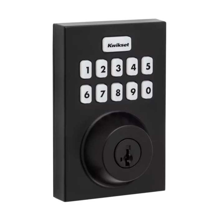Kwikset Contemporary Push Button Electronic Deadbolt Smartkey With Home Connect, Z-Wave Wireless Protocol, Smartkey, Round Corner Adjustable 20 Minute Ul Latch, Round Corner Strike, Matte Black