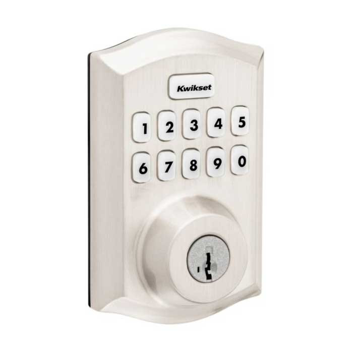 Kwikset Traditional Push Button Electronic Deadbolt Smartkey With Home Connect, Z-Wave Wireless Protocol, Smartkey, Round Corner Adjustable 20 Minute Ul Latch, Round Corner Strike, Satin Nickel