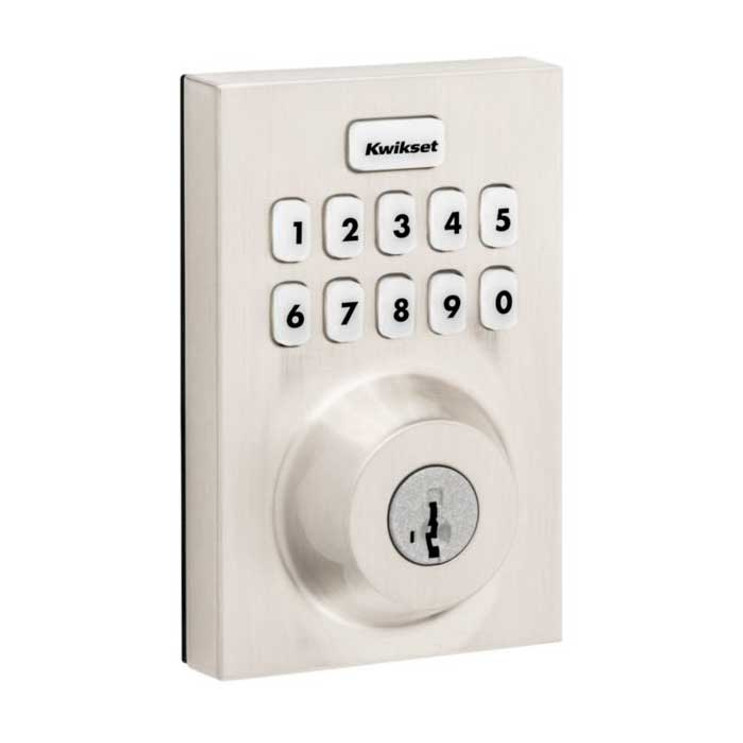 Kwikset Contemporary Push Button Electronic Deadbolt Smartkey With Home Connect, Z-Wave Wireless Protocol, Smartkey, Round Corner Adjustable 20 Minute Ul Latch, Round Corner Strike, Satin Nickel Kwikset Contemporary Push Button Electronic Deadbolt Smartkey With Home Connect, Z-Wave Wireless Protocol, Smartkey, Round Corner Adjustable 20 Minute Ul Latch, Round Corner Strike, Satin Nickel