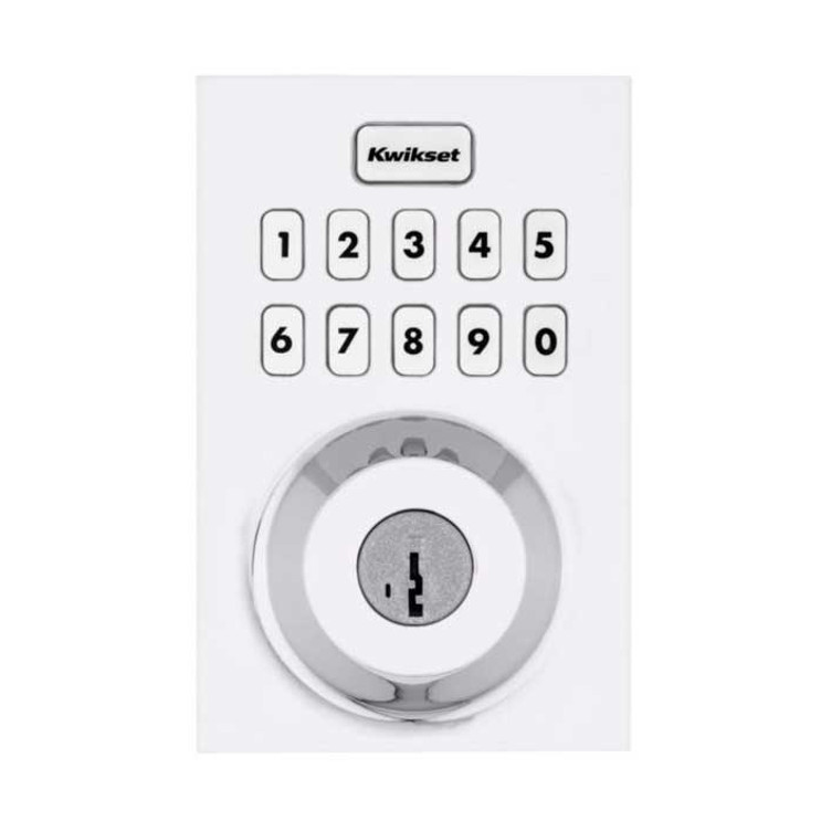 Kwikset Contemporary Push Button Electronic Deadbolt Smartkey With Home Connect, Z-Wave Wireless Protocol, Smartkey, Round Corner Adjustable 20 Minute Ul Latch, Round Corner Strike, Bright Polished Chrome Kwikset Contemporary Push Button Electronic Deadbolt Smartkey With Home Connect, Z-Wave Wireless Protocol, Smartkey, Round Corner Adjustable 20 Minute Ul Latch, Round Corner Strike, Bright Polished Chrome