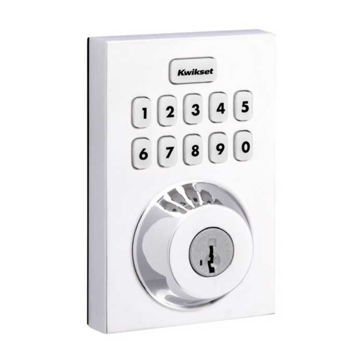 Kwikset Contemporary Push Button Electronic Deadbolt Smartkey With Home Connect, Z-Wave Wireless Protocol, Smartkey, Round Corner Adjustable 20 Minute Ul Latch, Round Corner Strike, Bright Polished Chrome Kwikset Contemporary Push Button Electronic Deadbolt Smartkey With Home Connect, Z-Wave Wireless Protocol, Smartkey, Round Corner Adjustable 20 Minute Ul Latch, Round Corner Strike, Bright Polished Chrome