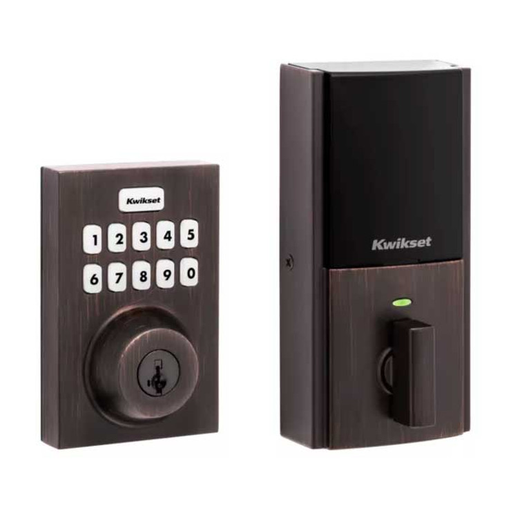 Kwikset Contemporary Push Button Electronic Deadbolt Smartkey With Home Connect, Z-Wave Wireless Protocol, Smartkey, Round Corner Adjustable 20 Minute Ul Latch, Round Corner Strike, Venetian Bronze-HC620-CNT-ZW700LR-11P-SMT-RCALFD-RCS