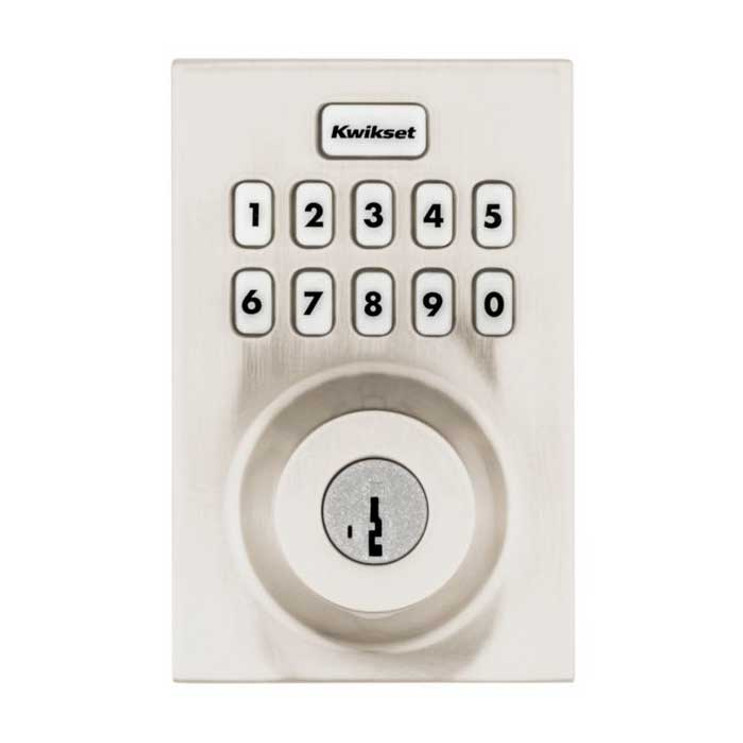 Kwikset Contemporary Push Button Electronic Deadbolt Smartkey With Home Connect, Z-Wave Wireless Protocol, Smartkey, Round Corner Adjustable 20 Minute Ul Latch, Round Corner Strike, Satin Nickel Kwikset Contemporary Push Button Electronic Deadbolt Smartkey With Home Connect, Z-Wave Wireless Protocol, Smartkey, Round Corner Adjustable 20 Minute Ul Latch, Round Corner Strike, Satin Nickel