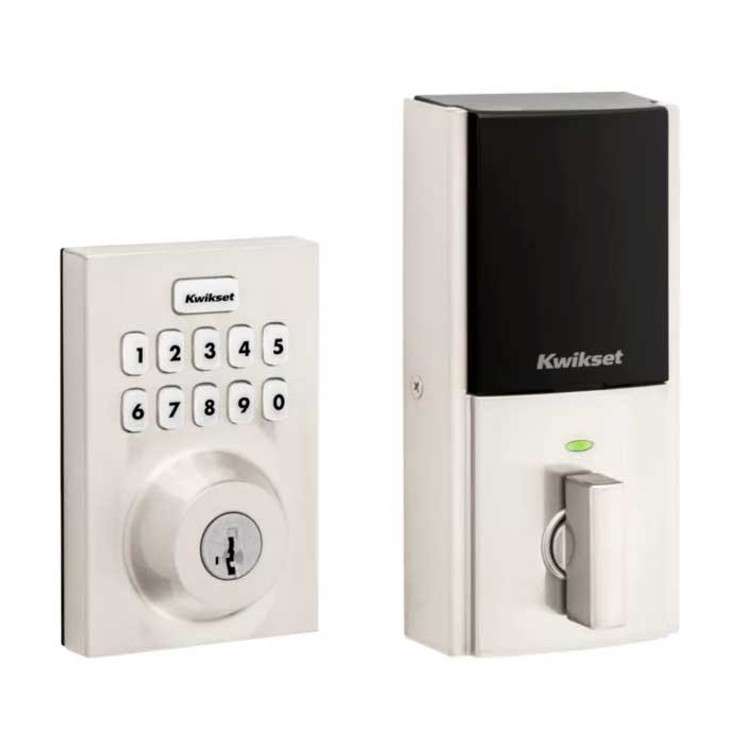 Kwikset Contemporary Push Button Electronic Deadbolt Smartkey With Home Connect, Z-Wave Wireless Protocol, Smartkey, Round Corner Adjustable 20 Minute Ul Latch, Round Corner Strike, Satin Nickel-HC620-CNT-ZW700LR-15-SMT-RCALFD-RCS