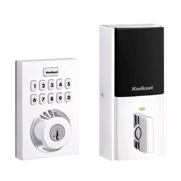Kwikset Contemporary Push Button Electronic Deadbolt Smartkey With Home Connect, Z-Wave Wireless Protocol, Smartkey, Round Corner Adjustable 20 Minute Ul Latch, Round Corner Strike, Bright Polished Chrome-HC620-CNT-ZW700LR-26-SMT-RCALFD-RCS
