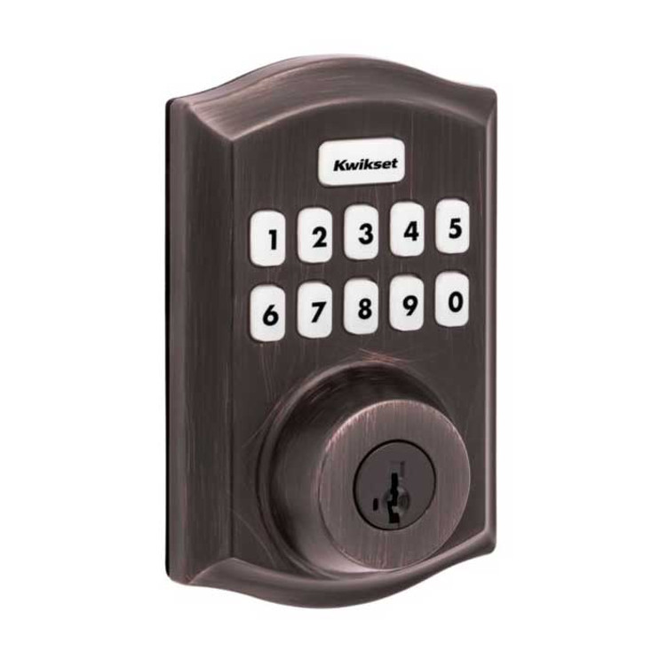 Kwikset Traditional Push Button Electronic Deadbolt Smartkey With Home Connect, Z-Wave Wireless Protocol, Smartkey, Round Corner Adjustable 20 Minute Ul Latch, Round Corner Strike, Venetian Bronze Kwikset Traditional Push Button Electronic Deadbolt Smartkey With Home Connect, Z-Wave Wireless Protocol, Smartkey, Round Corner Adjustable 20 Minute Ul Latch, Round Corner Strike, Venetian Bronze