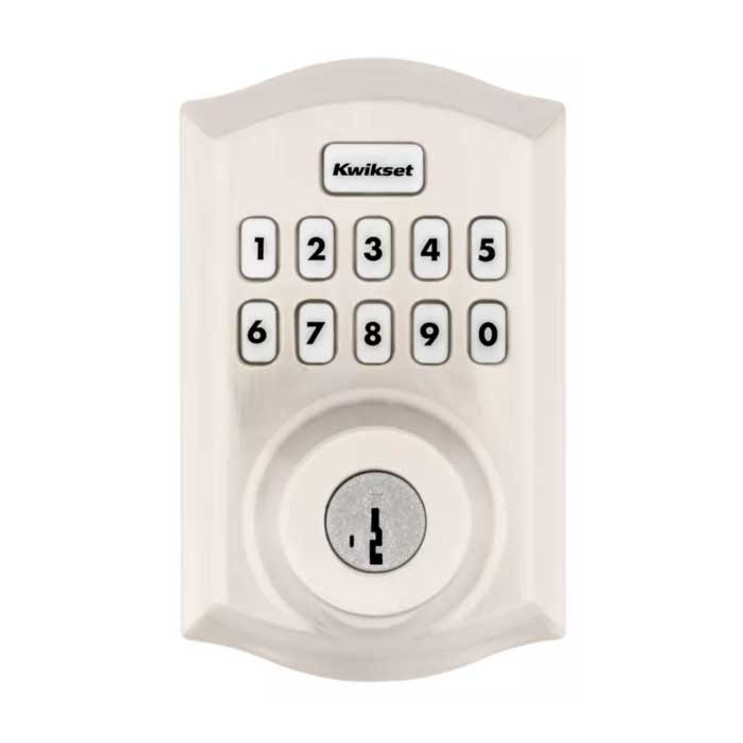 Kwikset Traditional Push Button Electronic Deadbolt Smartkey With Home Connect, Z-Wave Wireless Protocol, Smartkey, Round Corner Adjustable 20 Minute Ul Latch, Round Corner Strike, Satin Nickel Kwikset Traditional Push Button Electronic Deadbolt Smartkey With Home Connect, Z-Wave Wireless Protocol, Smartkey, Round Corner Adjustable 20 Minute Ul Latch, Round Corner Strike, Satin Nickel