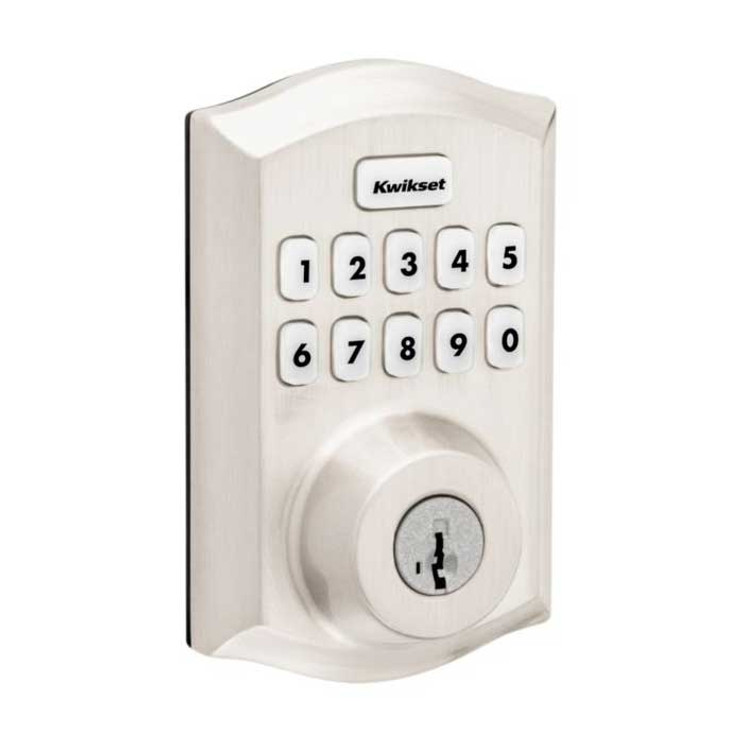 Kwikset Traditional Push Button Electronic Deadbolt Smartkey With Home Connect, Z-Wave Wireless Protocol, Smartkey, Round Corner Adjustable 20 Minute Ul Latch, Round Corner Strike, Satin Nickel Kwikset Traditional Push Button Electronic Deadbolt Smartkey With Home Connect, Z-Wave Wireless Protocol, Smartkey, Round Corner Adjustable 20 Minute Ul Latch, Round Corner Strike, Satin Nickel