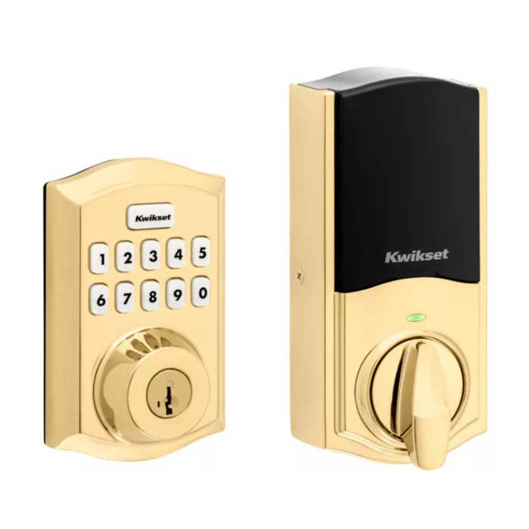 Kwikset Traditional Push Button Electronic Deadbolt Smartkey With Home Connect, Z-Wave Wireless Protocol, Smartkey, Round Corner Adjustable 20 Minute Ul Latch, Round Corner Strike, Lifetime Polished Brass-HC620-TRL-ZW700LR-L03-SMT-RCALFD-RCS