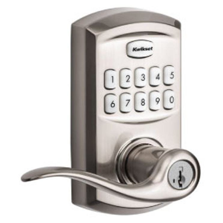 Kwikset Smartcode 917 Touchpad Electronic Lever Smartkey With Round Corner Adjustable 20 Minute Ul Latch And Round Corner Strike, Satin Nickel