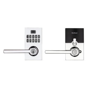 Kwikset Smartcode 917 Touchpad Electronic Lever Smartkey With Round Corner Adjustable 20 Minute Ul Latch And Round Corner Strike, Bright Polished Chrome