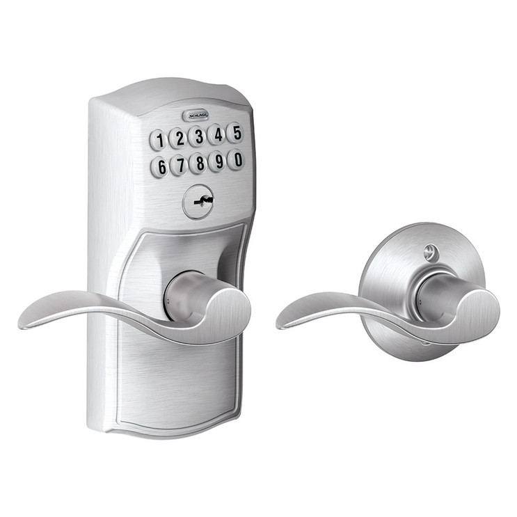 Schlage Residential Fe575 Keypad Lever With Camelot Trim And Accent Lever With Auto Lock Style, Satin Chrome