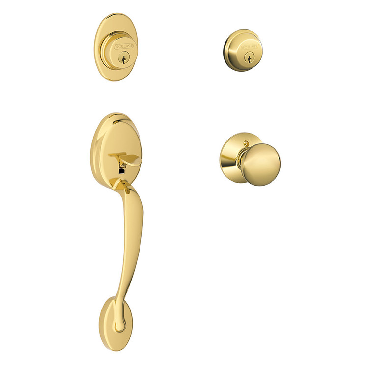 Schlage Residential F62 Plymouth Double Cylinder Handleset With Plymouth Entrance Knob Style, Bright Polished Brass