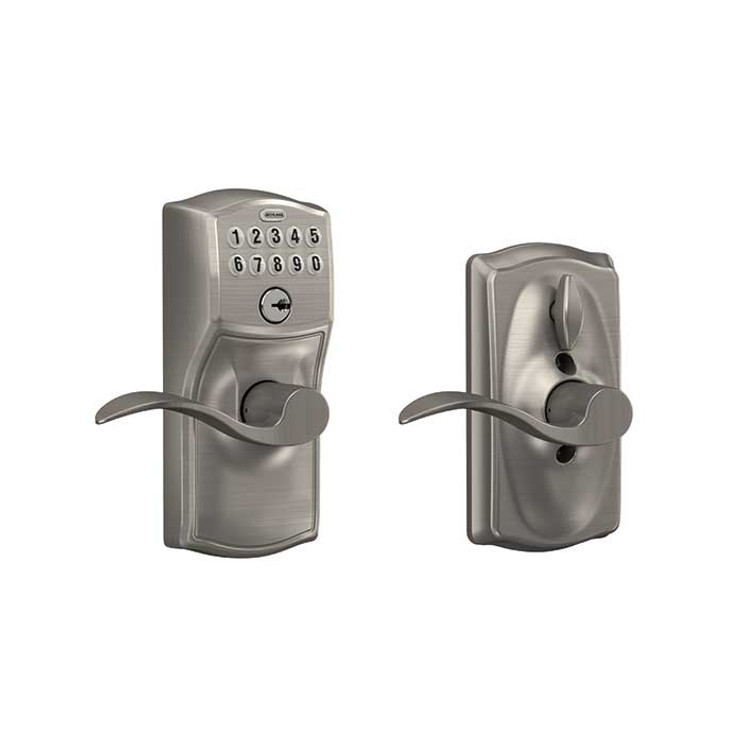 Schlage Residential Fe595 Keypad Lever With Camelot Trim And Accent Lever With Flex Lock In Vis Pack Style, Knob, Satin Nickel