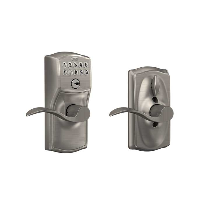 Schlage Residential Fe595 Keypad Lever With Camelot Trim And Accent Lever With Flex Lock In Vis Pack Style, Knob, Satin Nickel
