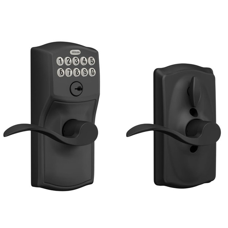 Schlage Residential Fe595 Keypad Lever With Camelot Trim And Accent Lever With Flex Lock In Vis Pack Style, Knob, Matte Black