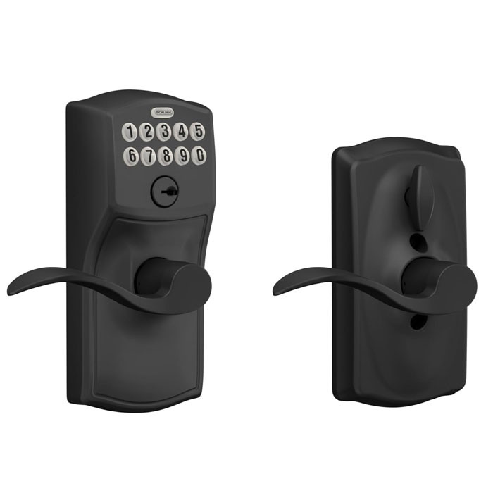 Schlage Residential Fe595 Keypad Lever With Camelot Trim And Accent Lever With Flex Lock In Vis Pack Style, Knob, Matte Black