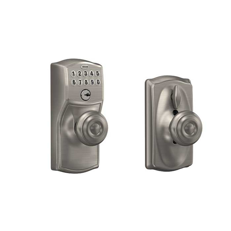 Schlage Residential Fe595 Keypad Knob With Camelot Trim And Georgian Knob With Flex Lock Style, Satin Nickel