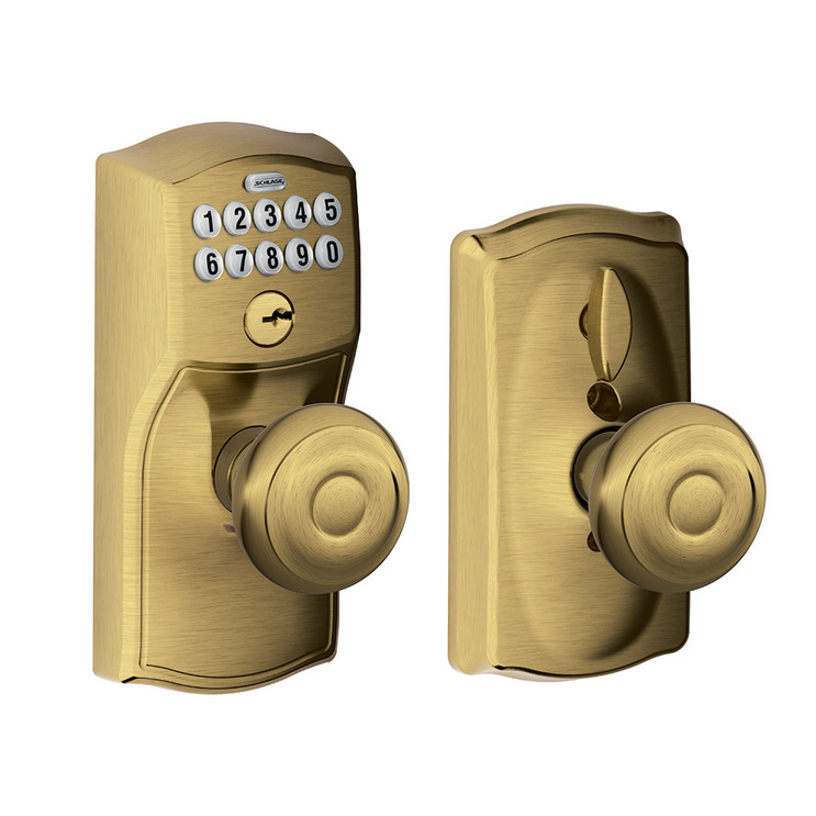 Schlage Residential FE595 Keypad Knob With Camelot Trim And Georgian Knob With Flex Lock Style, Antique, Satin Brass Blackened