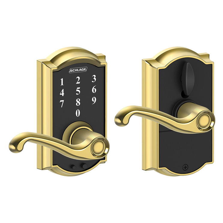 Schlage Residential Fe695 Keyless Touchscreen Lever With Camelot Trim And Flair Lever Style, Bright Polished Brass
