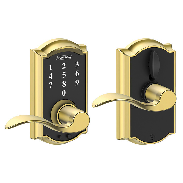 Schlage Residential Fe695 Keyless Touchscreen Lever With Camelot Trim And Accent Lever Style, Bright Polished Brass