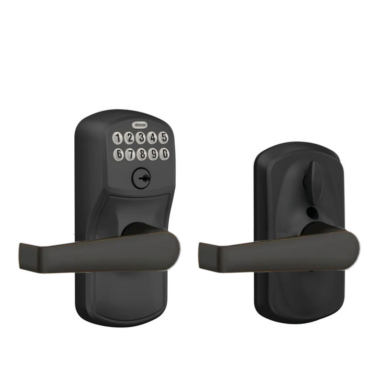 Schlage Residential Fe595 Keypad Lever With Plymouth Trim And Elan Lever With Flex Lock Style, Aged Bronze