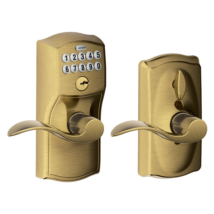 Schlage Residential FE595 Keypad Lever With Camelot Trim And Accent Lever With Flex Lock Style, Antique, Satin Brass Blackened