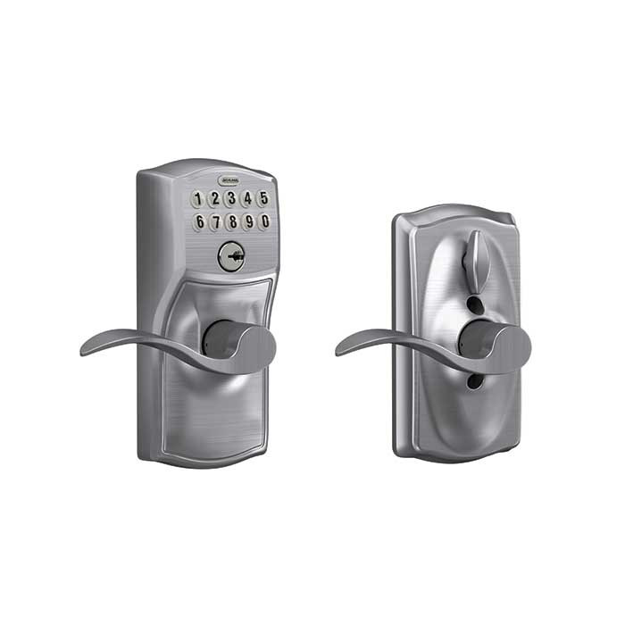 Schlage Residential Fe595 Keypad Lever With Camelot Trim And Accent Lever With Flex Lock Style, Satin Chrome
