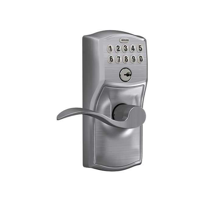 Schlage Residential Fe595 Keypad Lever With Camelot Trim And Accent Lever With Flex Lock Style, Satin Chrome