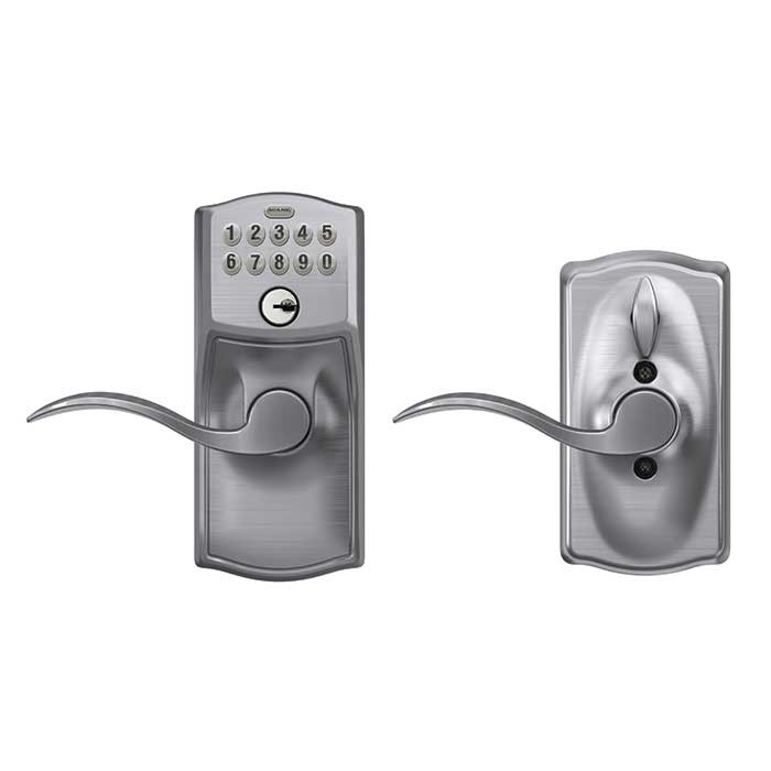 Schlage Residential Fe595 Keypad Lever With Camelot Trim And Accent Lever With Flex Lock Style, Satin Chrome
