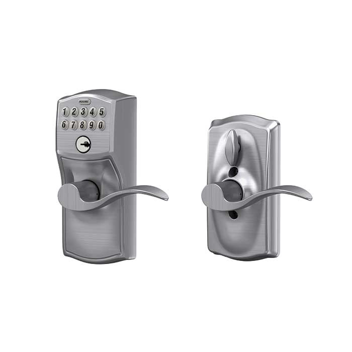 Schlage Residential Fe595 Keypad Lever With Camelot Trim And Accent Lever With Flex Lock Style, Satin Chrome