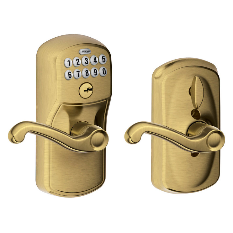 Schlage Residential FE595 Keypad Lever With Plymouth Trim And Flair Lever With Flex Lock Style, Antique, Satin Brass Blackened