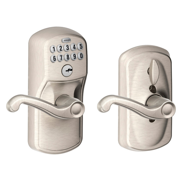 Schlage Residential Fe595 Keypad Lever With Plymouth Trim And Flair Lever With Flex Lock Style, Satin Nickel