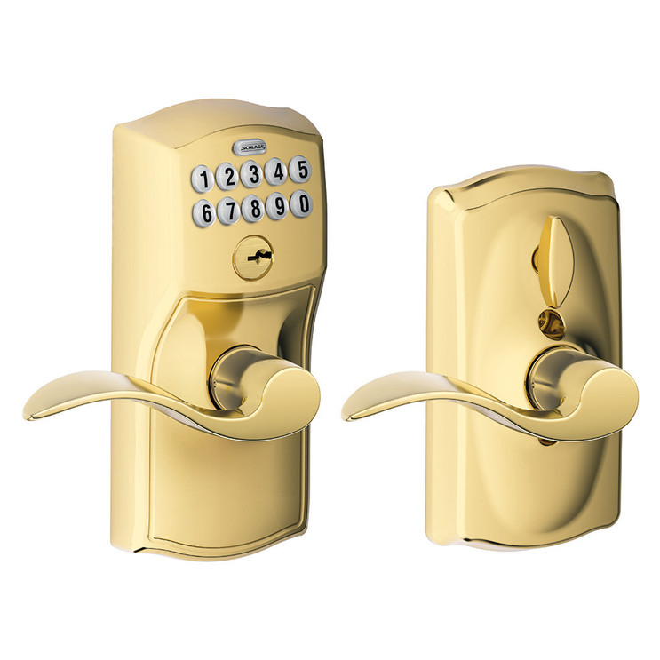 Schlage Residential FE595 Keypad Lever With Camelot Trim And Accent Lever With Flex Lock Style, Lifetime Bright Brass
