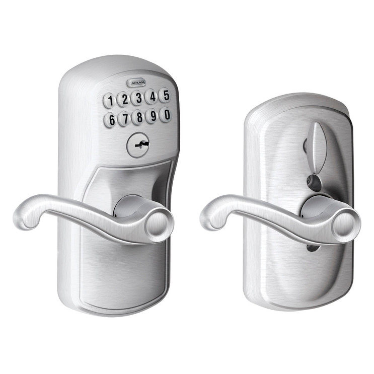 Schlage Residential Fe595 Keypad Lever With Plymouth Trim And Flair Lever With Flex Lock Style, Satin Chrome