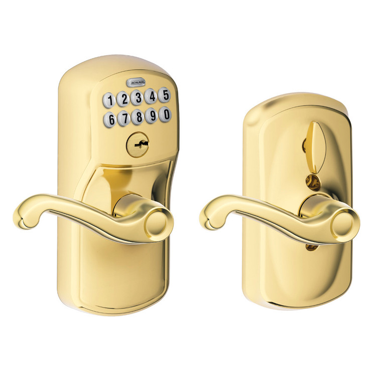 Schlage Residential FE595 Keypad Lever With Plymouth Trim And Flair Lever With Flex Lock Style, Lifetime Bright Brass