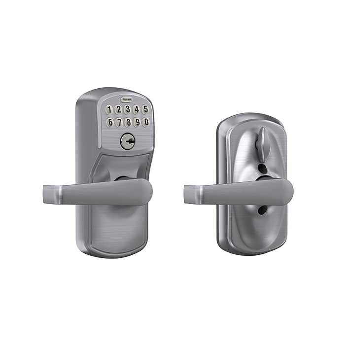 Schlage Residential Fe595 Keypad Lever With Plymouth Trim And Elan Lever With Flex Lock Style, Satin Chrome