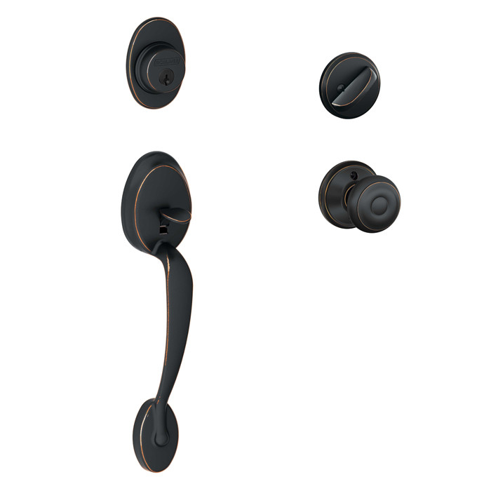 Schlage Residential F60 Plymouth Handleset/Entrance Georgain Knob Complete Lock Style Handleset, Georgian, Aged Bronze