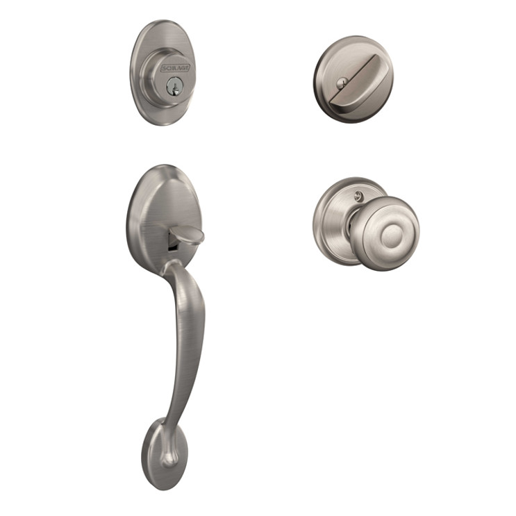 Schlage Residential F60 Plymouth Handleset/Entrance Georgain Knob Complete Lock Style Handleset, Georgian, Satin Nickel
