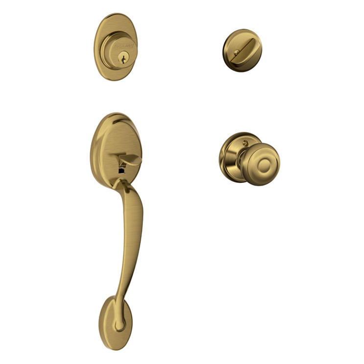 Schlage Residential F60 Plymouth Handleset/Entrance Georgain Knob Complete Lock Style Handleset, Georgian, Antique, Satin Brass Blackened
