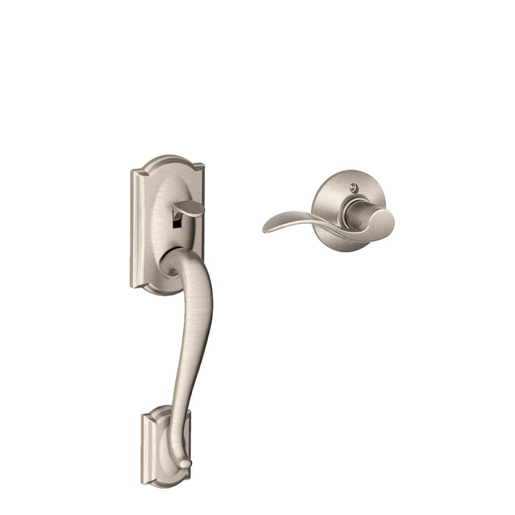 Schlage Residential Fe285 Handleset With Interior Trim Camelot Style (Deadbolt Not Included), Accent Lever, Left Hand, Satin Nickel